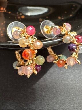 Gold Hoop Earrings with Multicolor Natural Crystal Beads